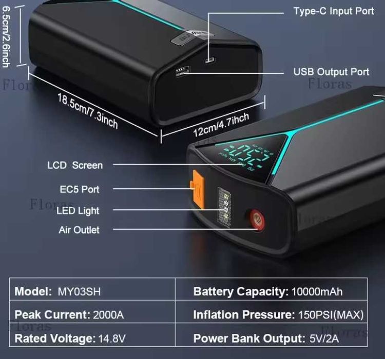 Powerbank Starter Booster Kompresor do Auta, Motocykla, Roweru zestaw