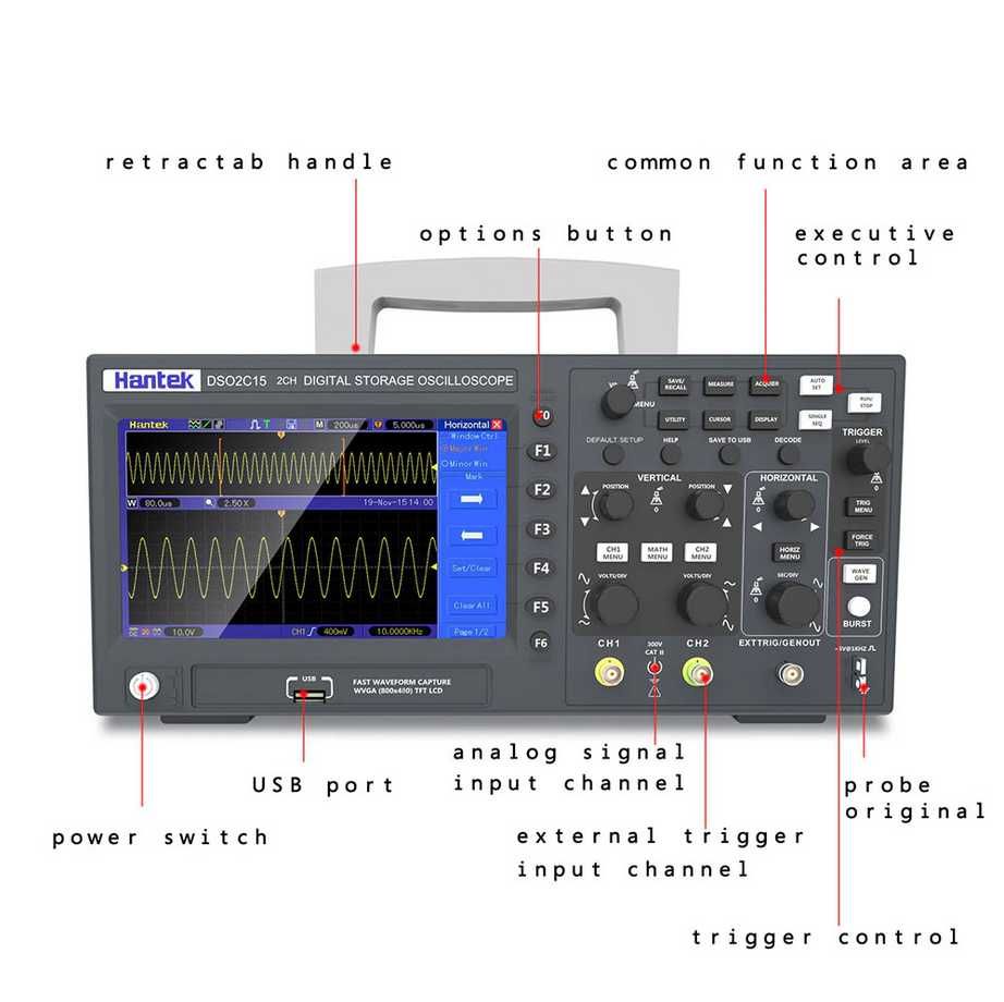 Hantek DSO2C10 осцилограф настольный 7'', 2 CH, 100 MHz, 1 GSa/S, 8M