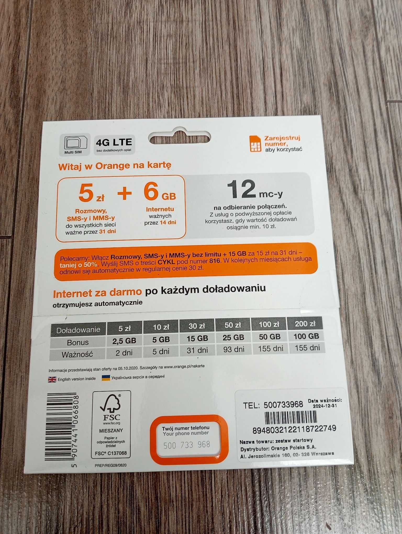 Starter Orange bez limitu 5 zł 6 GB x 5szt.