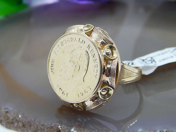 złoty pierścionek ze złotą monetą John Fitzgerald Kennedy złoto pr 585