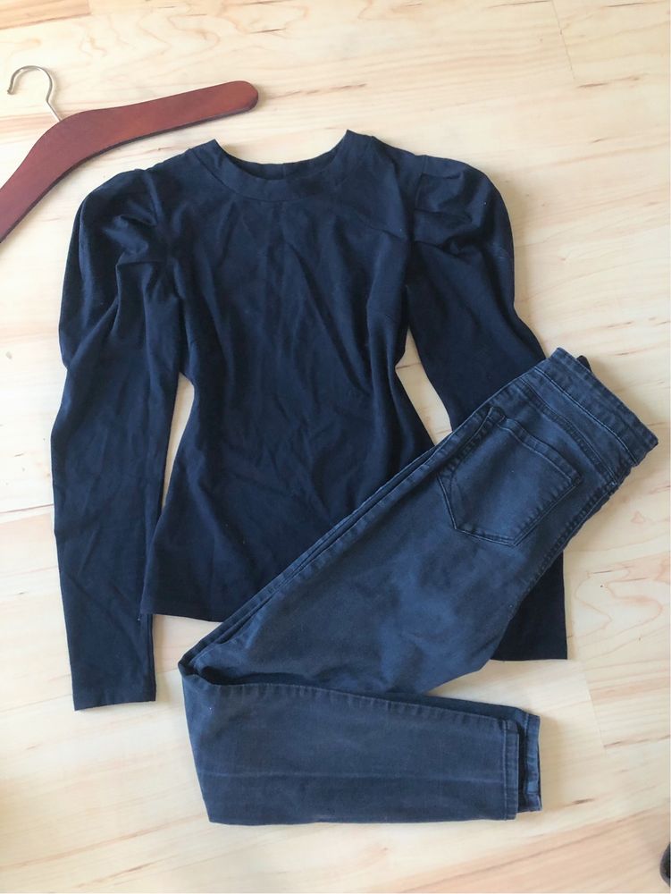 Zestaw ubrań bluzka z bufiastymi rękawami wassyl spodnie skinny czarne