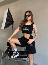 MEGA SALE -30% Женский спортивный костюм CHANEL черный топ шорты s-I