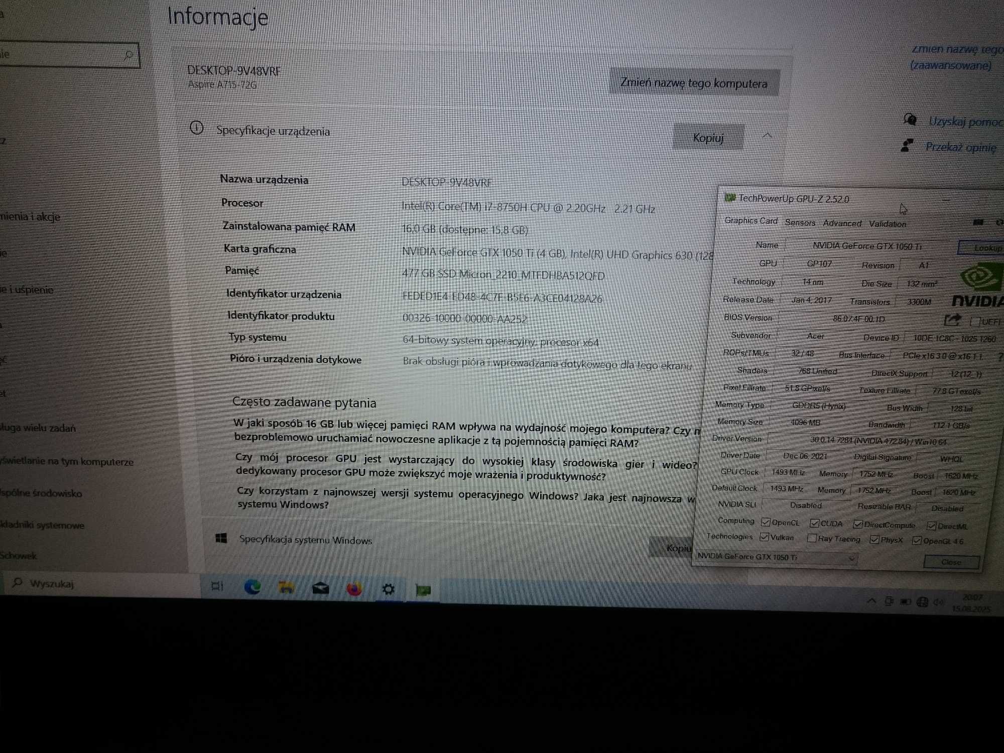 Laptopa Acer a715-72g 15cali (i7-8750H, ddr4 16GB, dysk 512, gtx1050ti