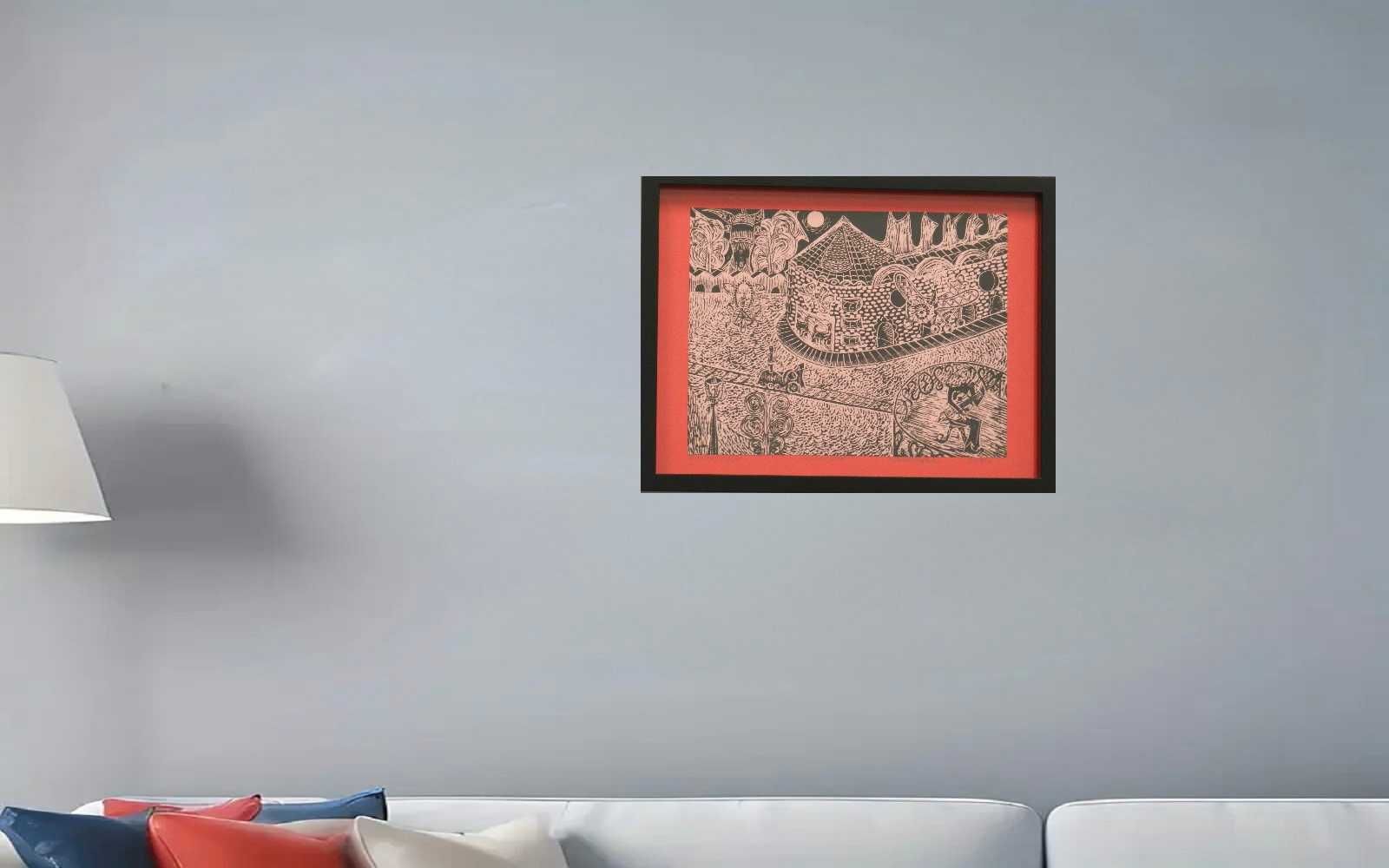 Grafika Linoryt "Gitarzysta" oryginał z podpisem autora.
