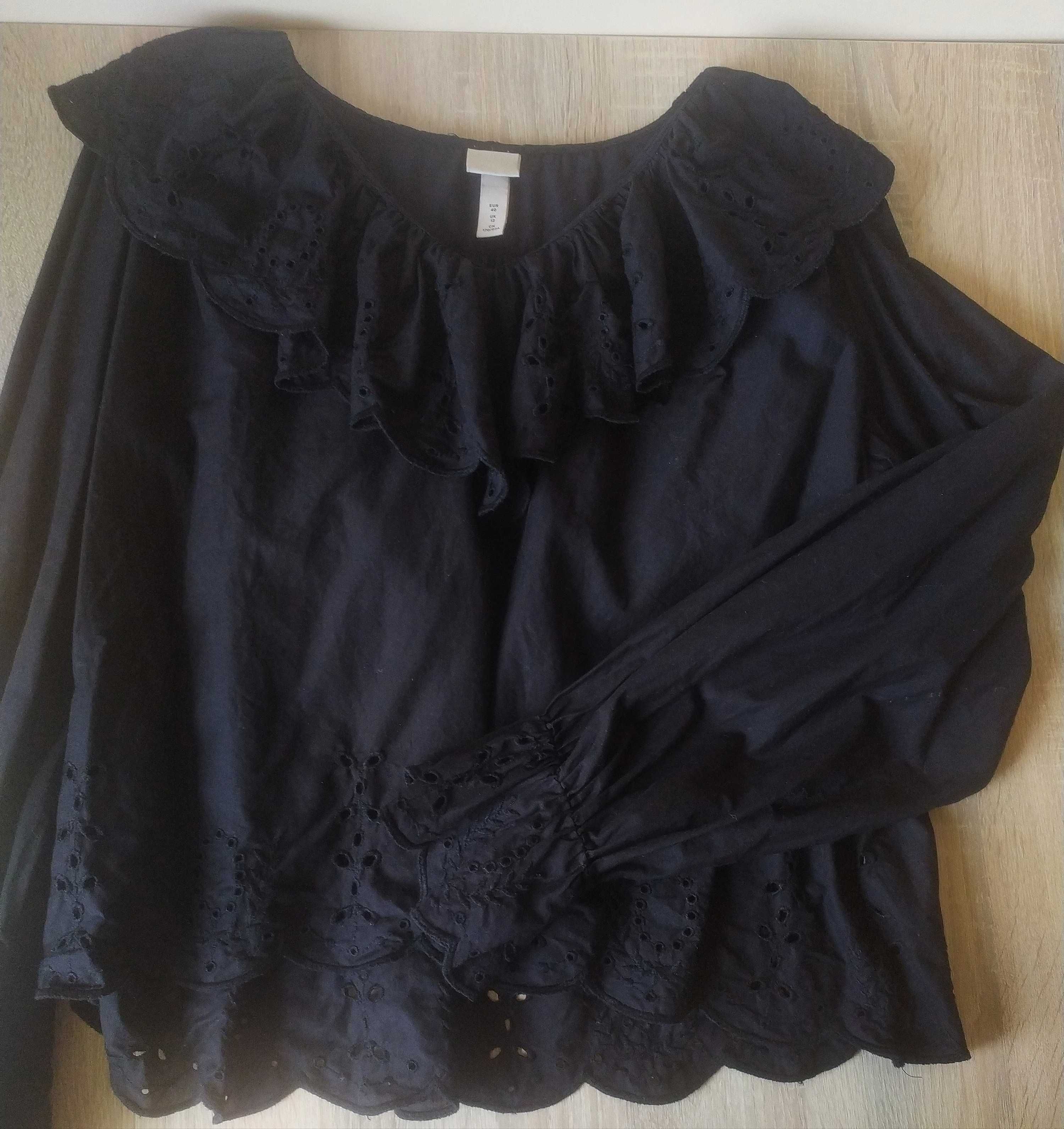 Czarna bawełniana bluzka z falbanami, bufiaste rękawy, H&M , rozmiar L
