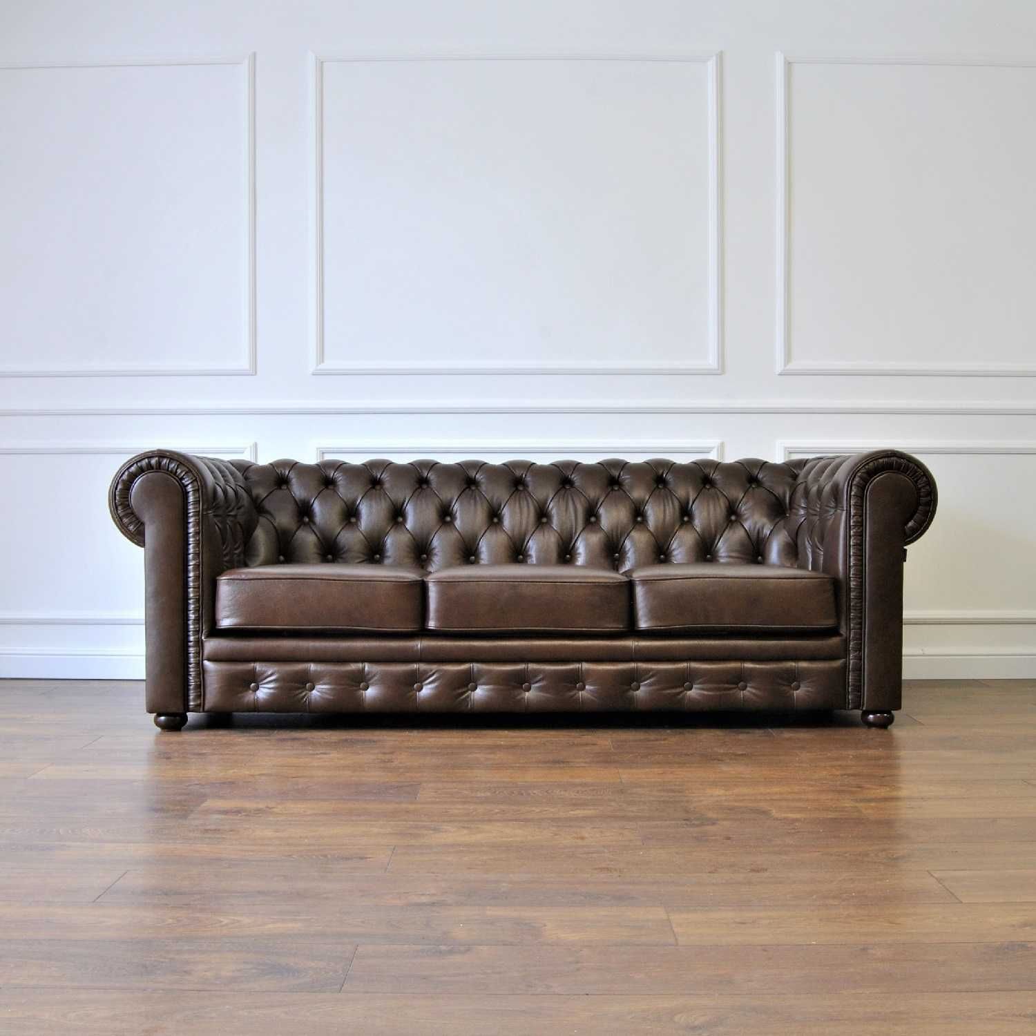 Pikowana sofa chesterfield skórzana 3-osobowa skóra naturalna plisy