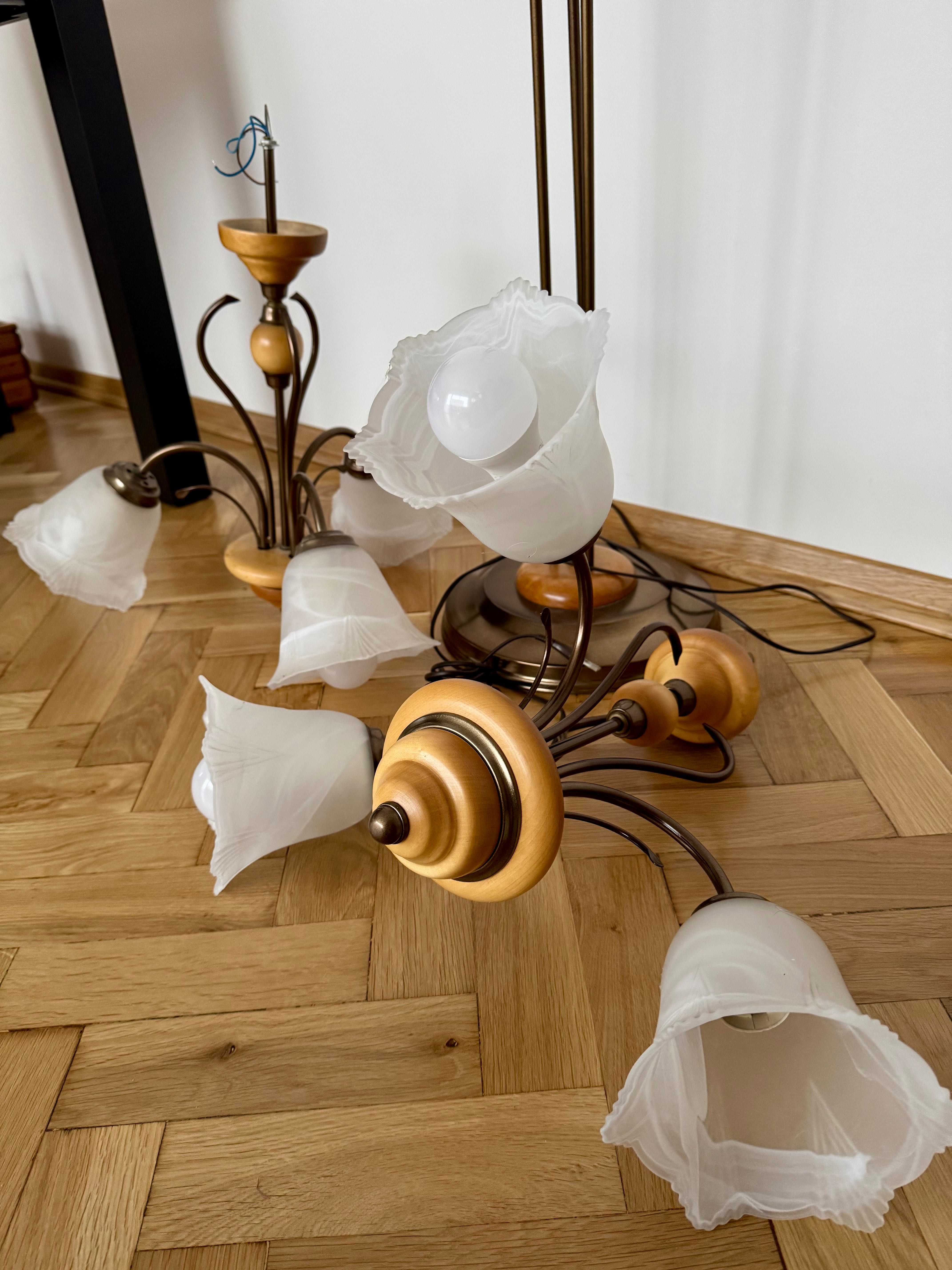 Ozdobne lampy sufitowe + lampa podłogowa drewno i szkło
