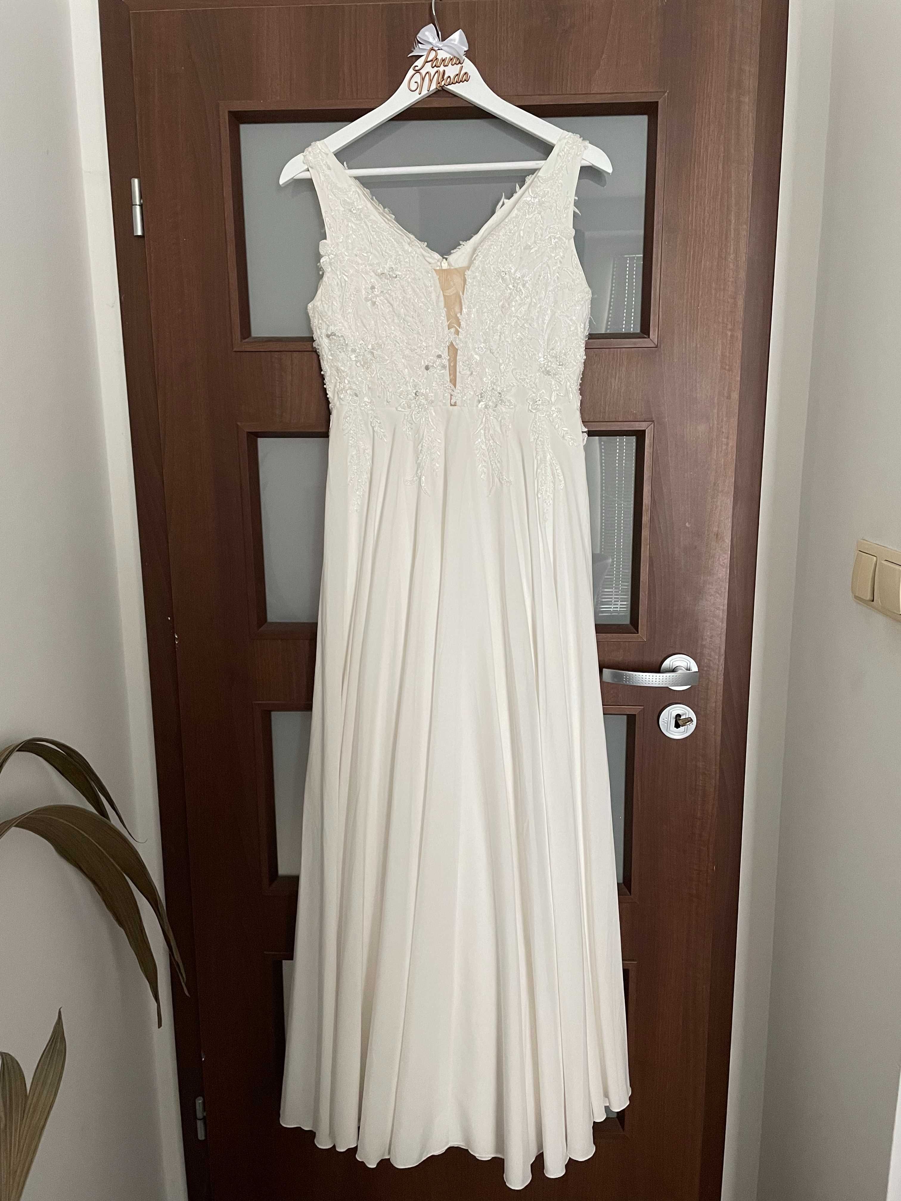 Sukienka suknia ślubna ślub muślin rozmiar 38 M ecru lejąca boho