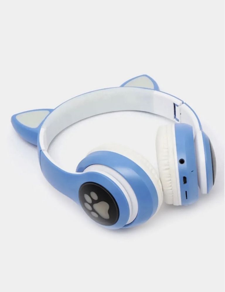 Светящиеся наушники с ушками синие /Bluetooth наушники для детей