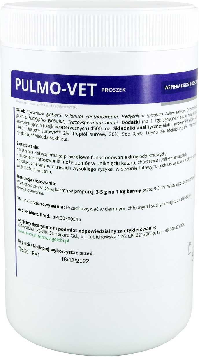 VetAnimal PULMO-VET PROSZEK – zdrowe drogi oddechowe, 500g Gołąb
