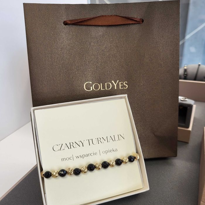 złota bransoletka na czarnym sznurku próba złota 585 ZŁOTE KULKI