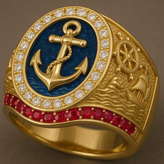 Złoty sygnet pierścień Marynarza Kapitana Żeglarza 18g pr 585 z brylan