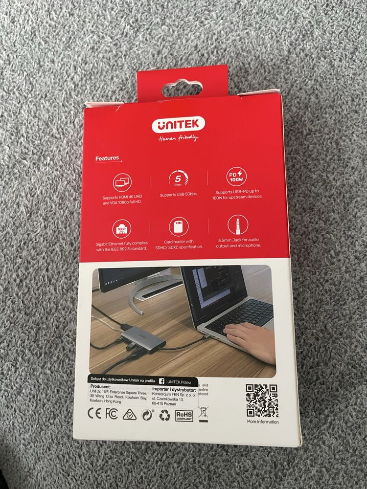 Stacja dokująca unitek USB Unitek hub D1019B USB-C 3.1 8w1 100W