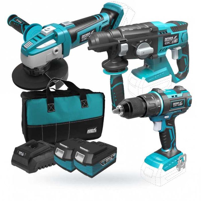 Zestaw aku. 18V DEDRA wkrętarka szlifierka młotowiertarka 2x4Ah torba