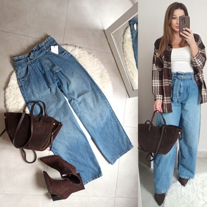 Zara spodnie s 36 jeansowe wysoki stan szeroka nogawka