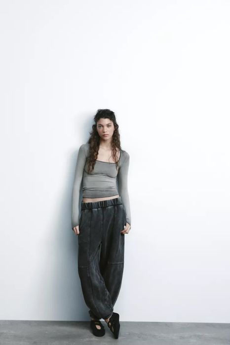 Жіночий лонгслів Zara з контрастною лінією грудей розмір xs s m l