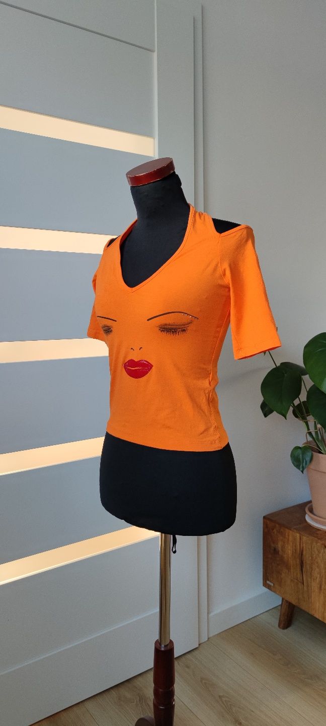 Bluzka top t-shirt S/36/8 wiskoza viscose y2k 00's 90's pomarańcz