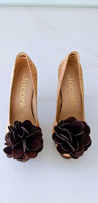 Sapatos de salto alto compensado, em cortiça, 35, made in Portugal