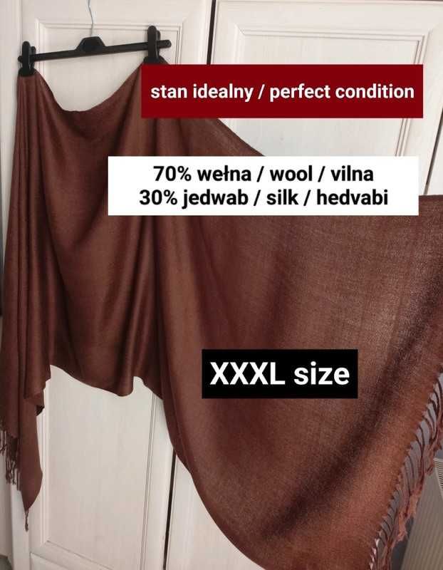 ogromny xxxl czekoladowy szal vintage 100% wełna jedwabny brązowy