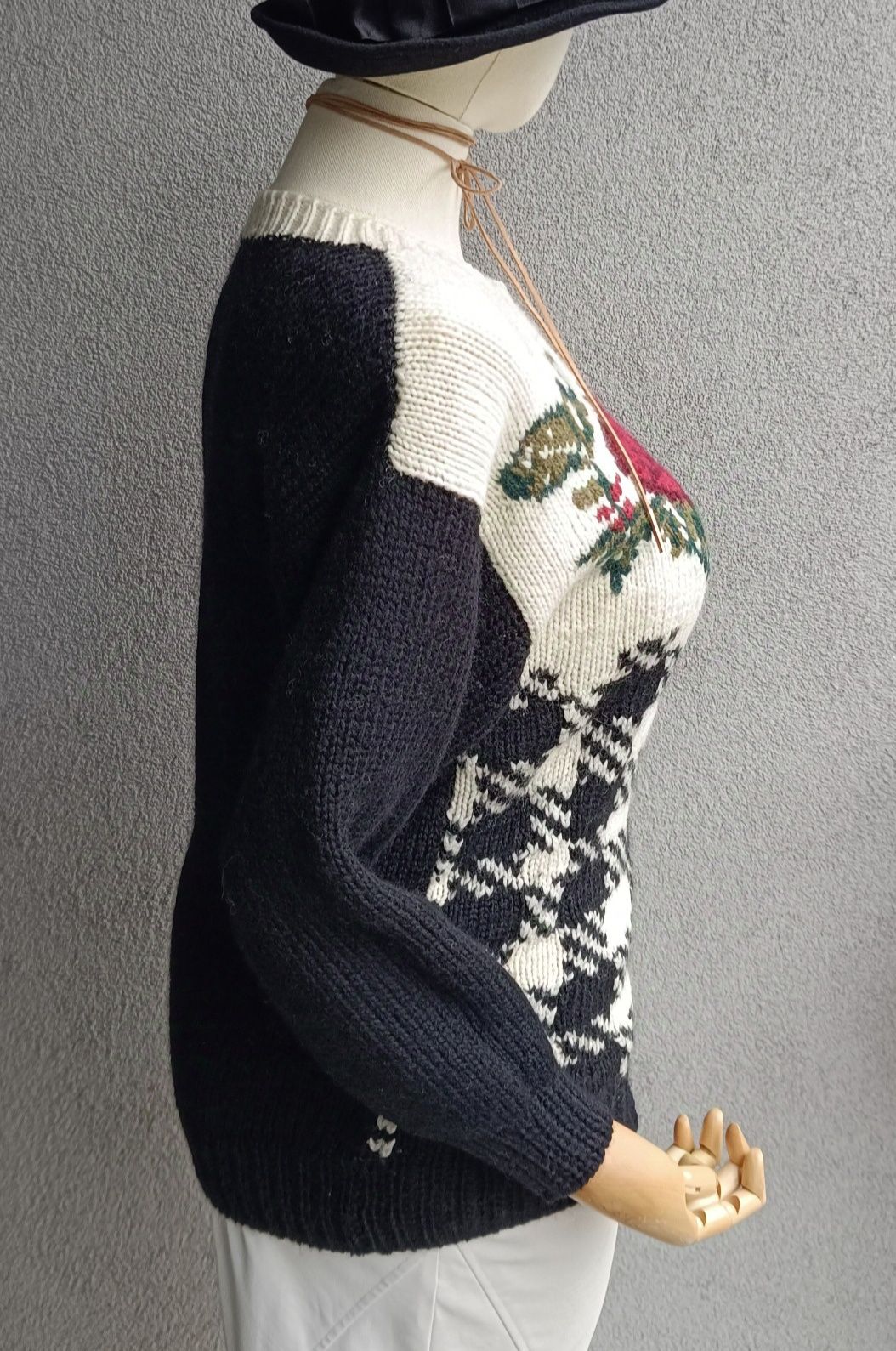 Vintage 90s wool handmade M L XL biust 51-58x2 rose róża kratka czarny