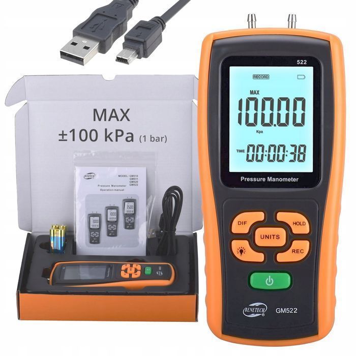 Manometr Różnicowy Cyfrowy Miernik Ciśnienia Podciśnienia USB 100KPA