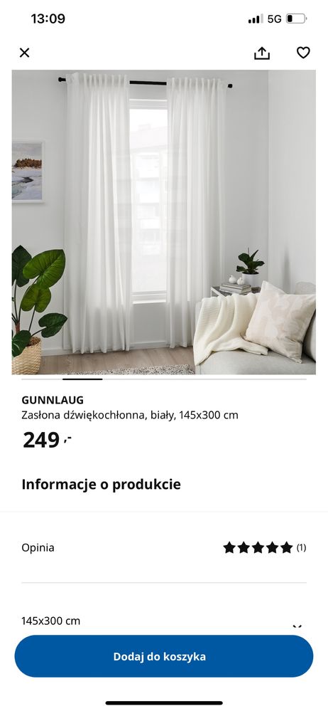 Zasłony ikea dzwiękochłonne dzwiekoszczelne gunnlaug 145x240