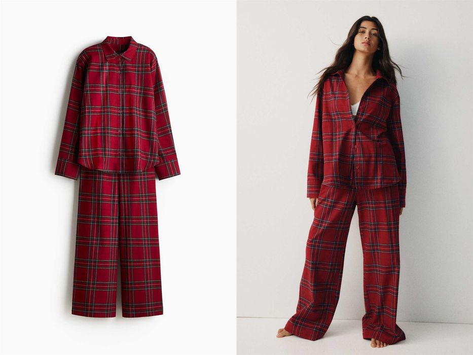 Piżama bawełniana flanela Koszula ze Spodniami XS NOWA krata czerwona