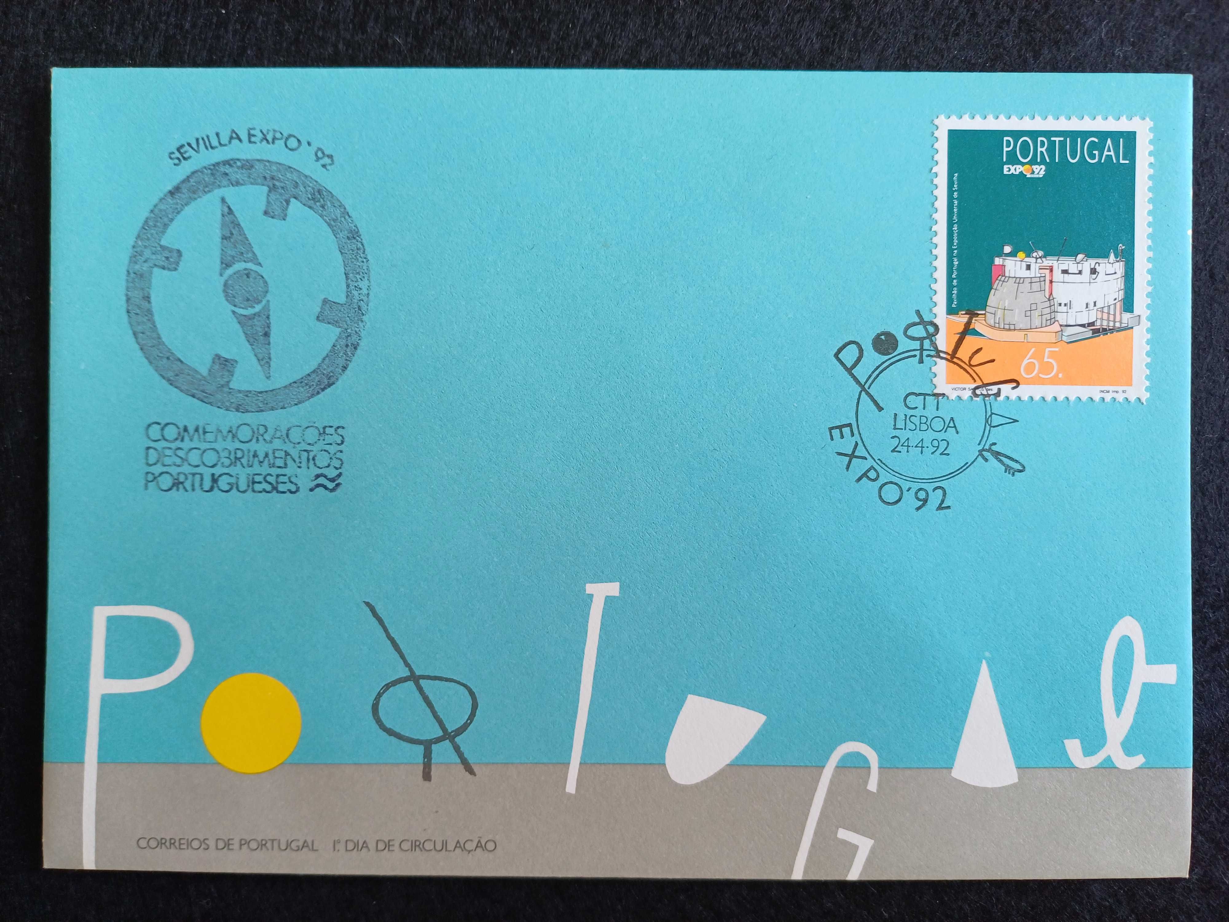 Filatelia Expo 92 FDC e Envelope com carimbo pavilhão Portugal + selo