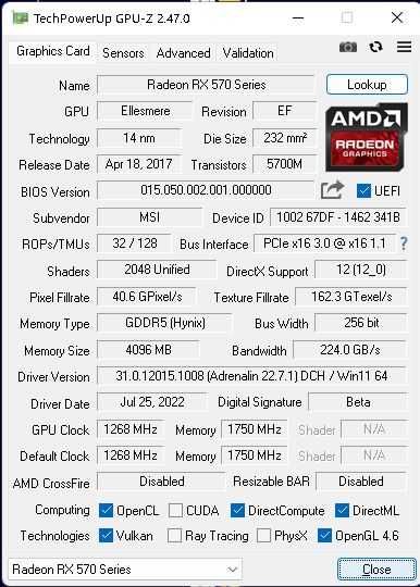 MSI Radeon RX 570 ARMOR OC 4GB