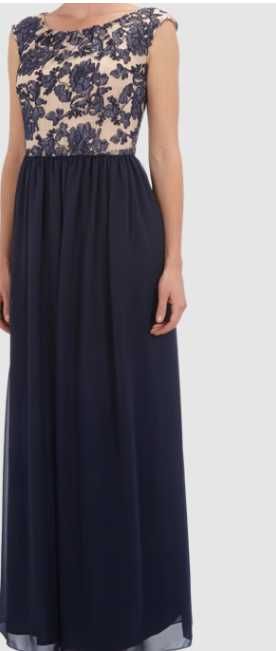 Вечірня сукня з мережива та шифону темно-синього кольору