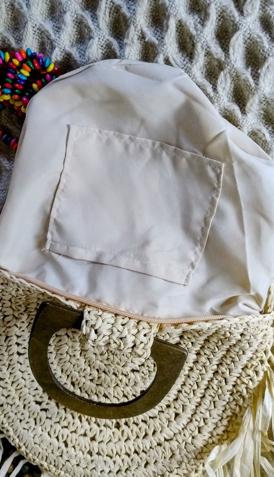 Pleciona letnia torebka, drewniane rączki, podszewka, frędzle,boho,eco