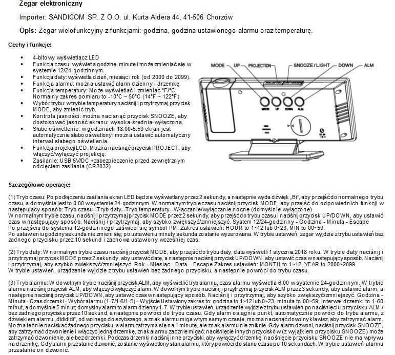 Zegar cyfrowy lustrzany budzik elektrostatyczny projektor led