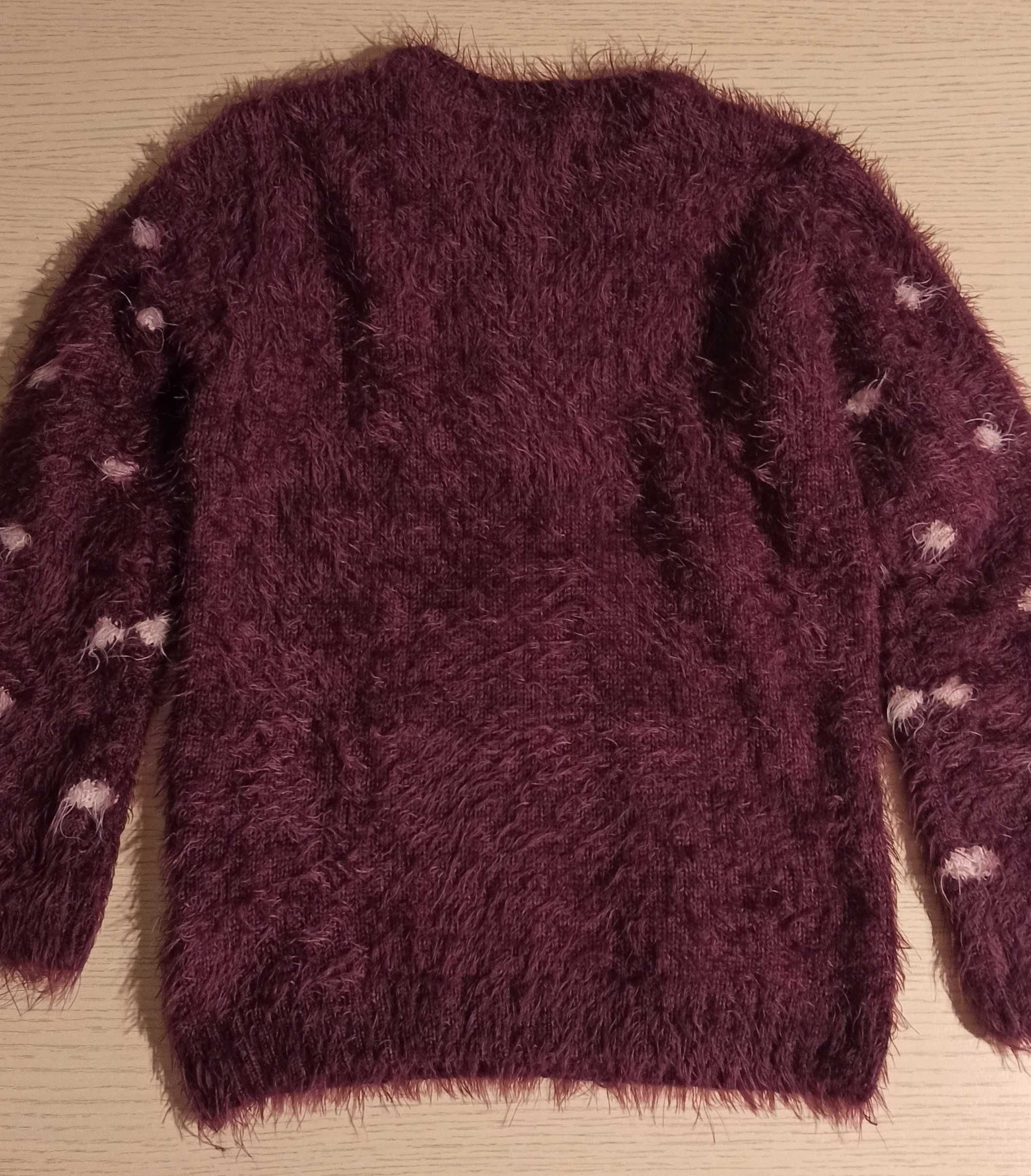 Sweter dziewczęcy 134, bordowy w grochy, gruby