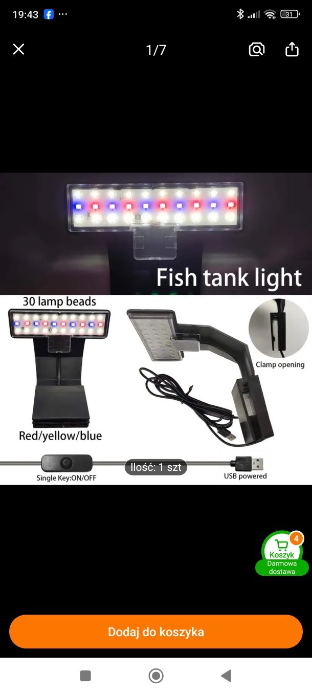 Oświetlenie LED do akwarium 7 watt USB