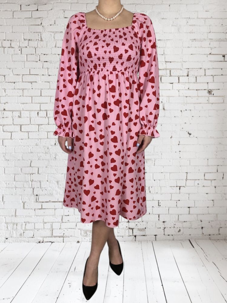 Nowa różowa sukienka midi ze wzorem w serca na co dzien plus size 4XL