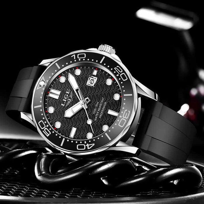 Zegarek męski Lige czarna tarcza wygląd nurka na pasku silikonowym BOX