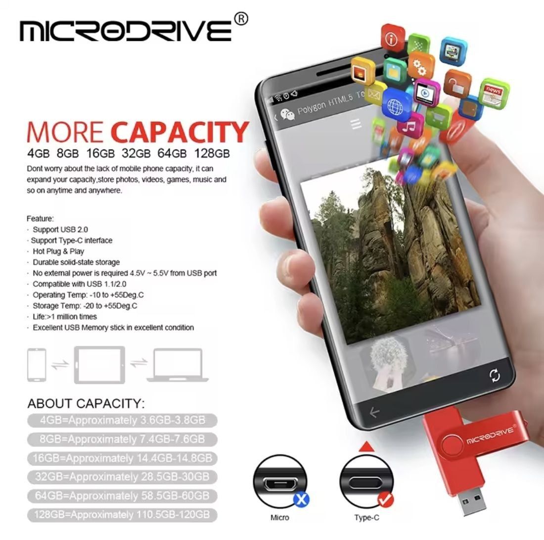 USB Флешка 2в1 128ГБ Type-C/USB для телефону, комп'ютера OTG Microdriv