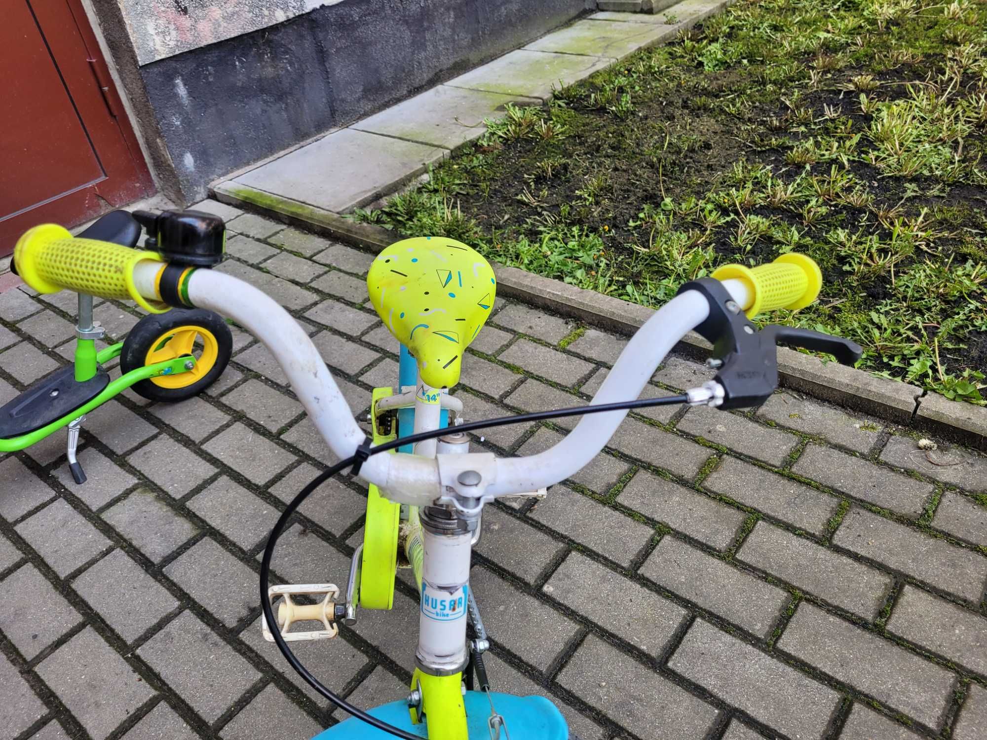 Rower rowerek dziecięcy 14 cali boczne kółka rączka do nauki jazdy