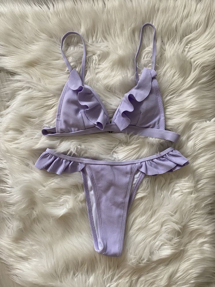 Nowy strój kąpielowy bikini S M liliowy prążkowany