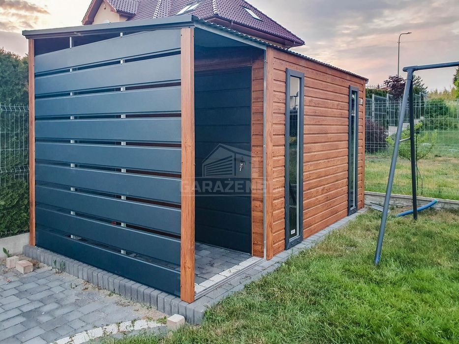 Domek Ogrodowy 2,5X2M + Wiata Drewnopodobny Antracyt Spad Przód Ts713