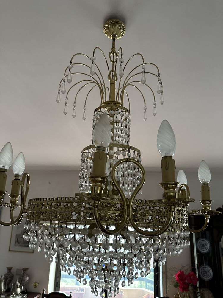Candeeiro / lustre dourado e cristal