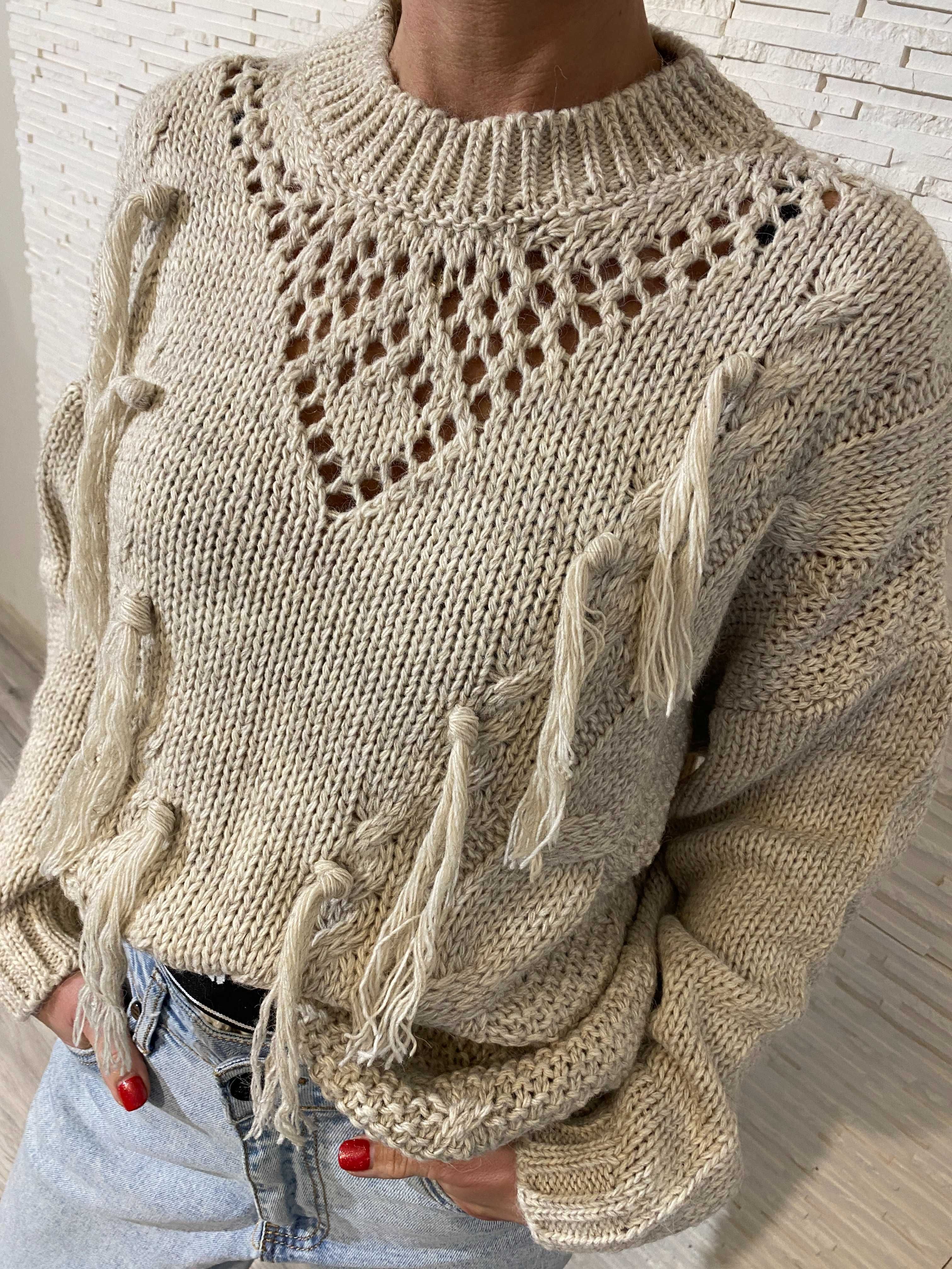 Project runway lemonada nowy beż sweter z frędzlami ażur uni