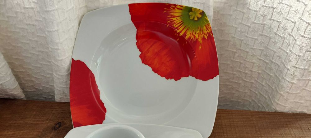 Conjunto chávena café prato sobremesa, prato sopa porcelana papoilas