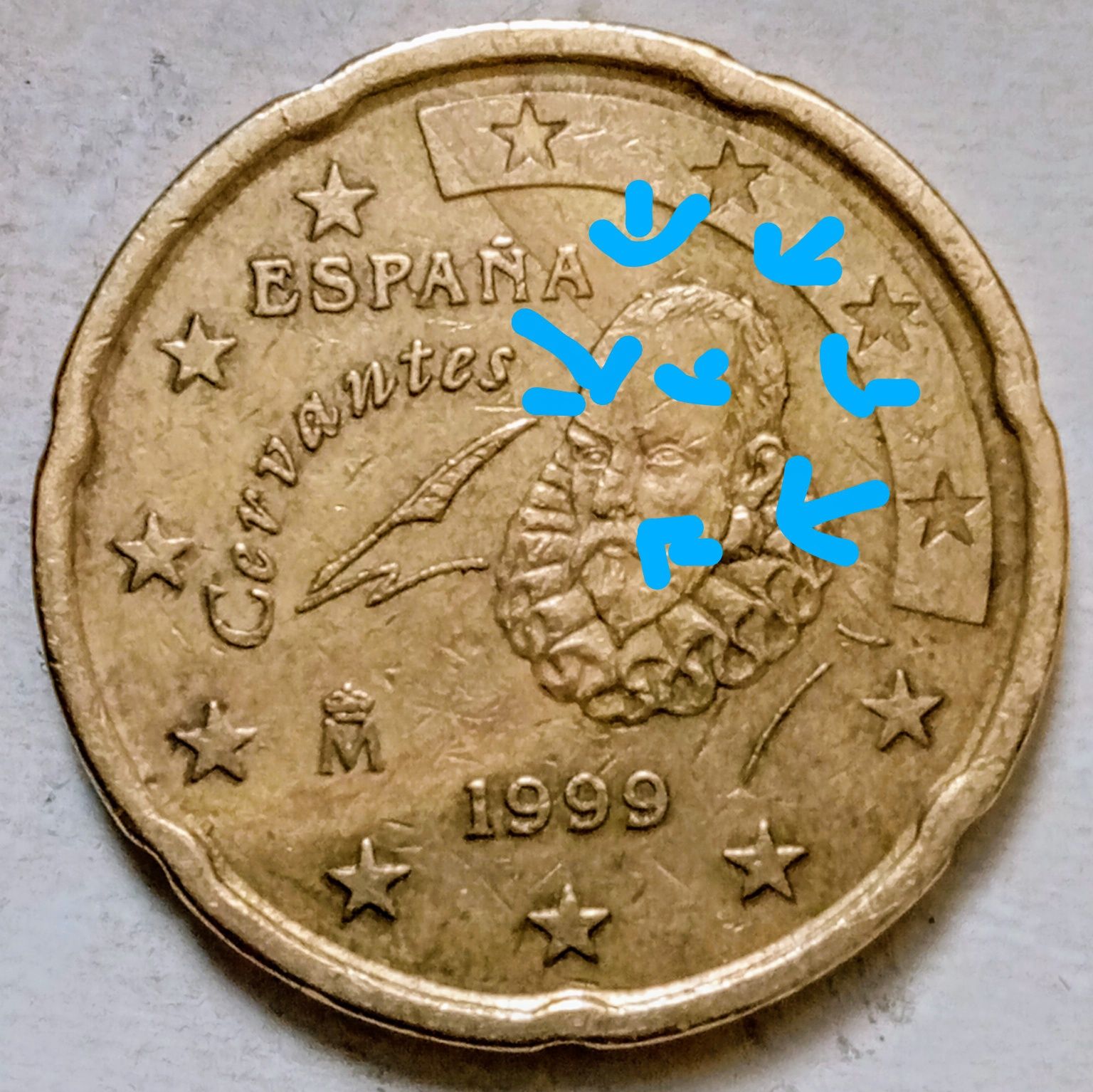 Moeda de 20 cêntimos Espanha 1999 com vários defeitos.