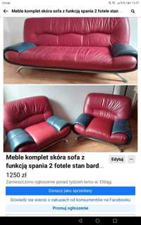 Meble komplet skóra sofa z funkcją spania 2 fotele stan bardzo dobry