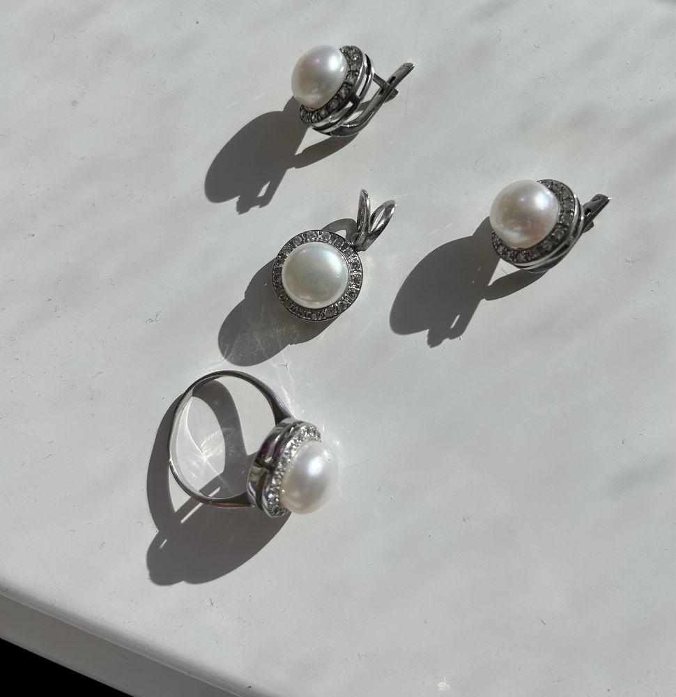 Срібний набір з перлами і фіанітами 925 проба