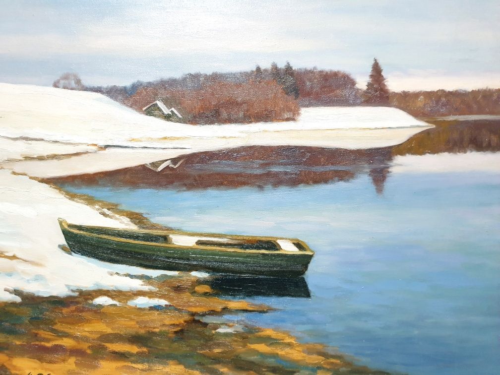 Pintura paisagística fluvial em óleo sobre tela - assinada