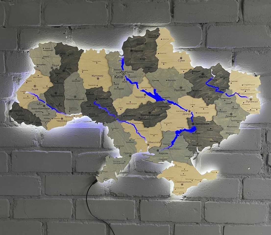 Деревяна мапа України з річками підсвіткою карта Украины с подсветкой