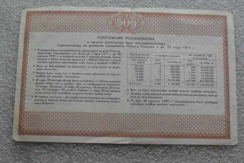 Pamiątka z PRL bon 500 złotych 1971 rok.