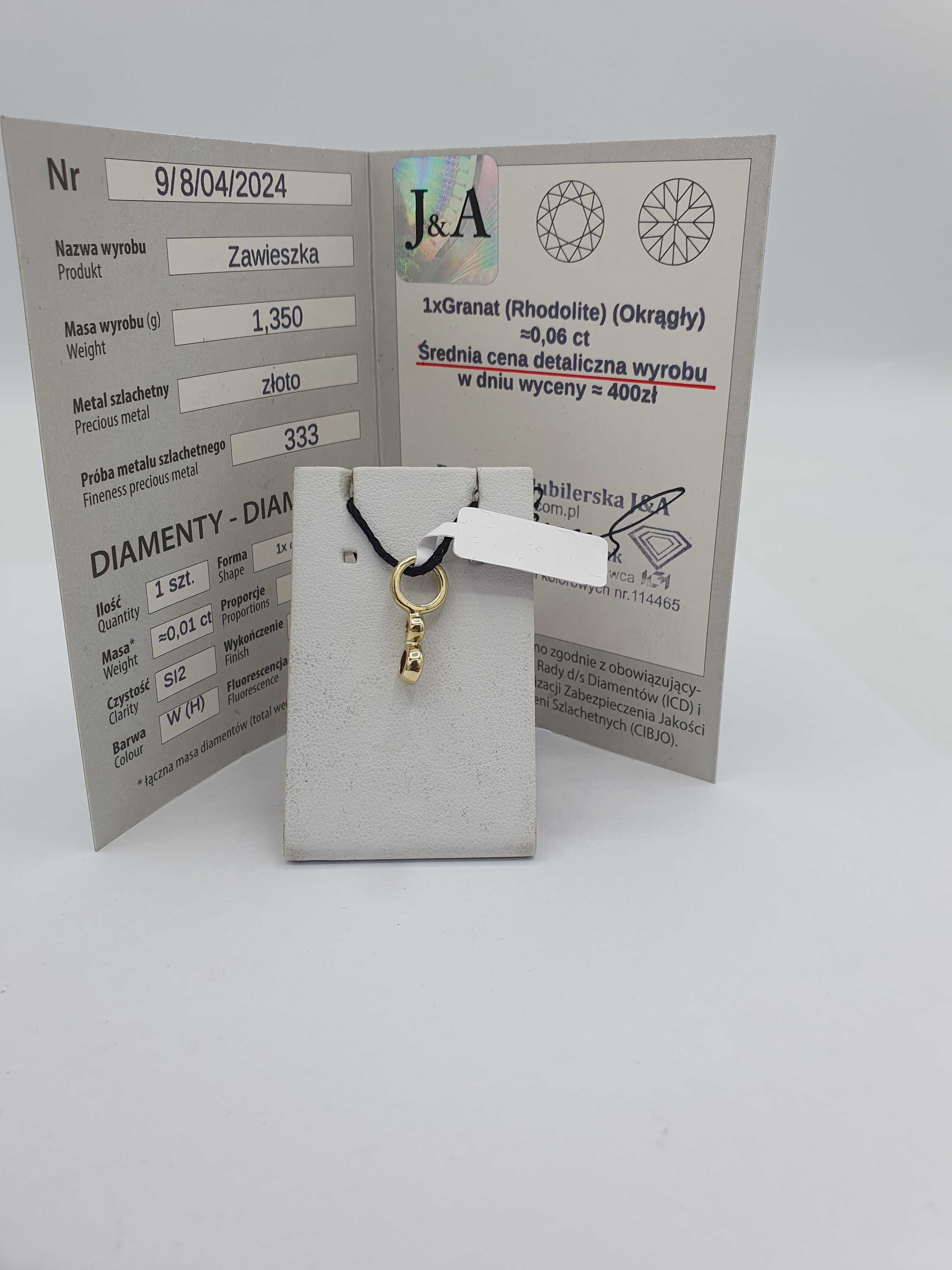 Złota zawieszka z diamentem i granatem P: 333 / G: 1,35